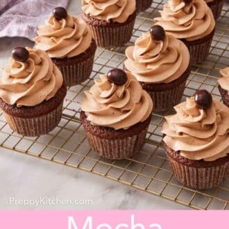 Pinterest graphic showing several mocha cupcakes on a wire rack.