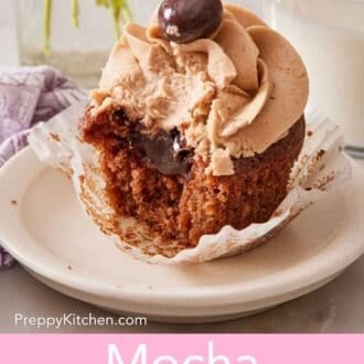 Pinterest graphic showing a mocha cupcake with a bite taken out.