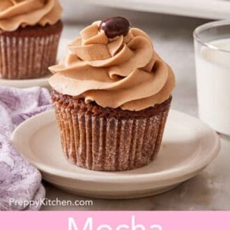 Pinterest graphic showing a mocha cupcake on a small plate with more cupcakes and a glass of milk mostly out of frame.