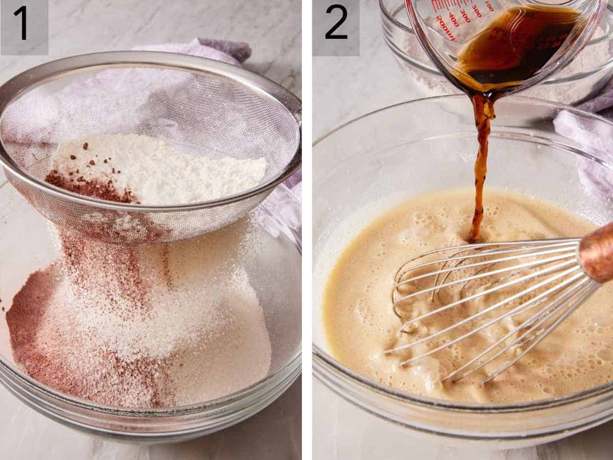 Set of two images showing dry ingredients sifted together, and wet ingredients whisked together.