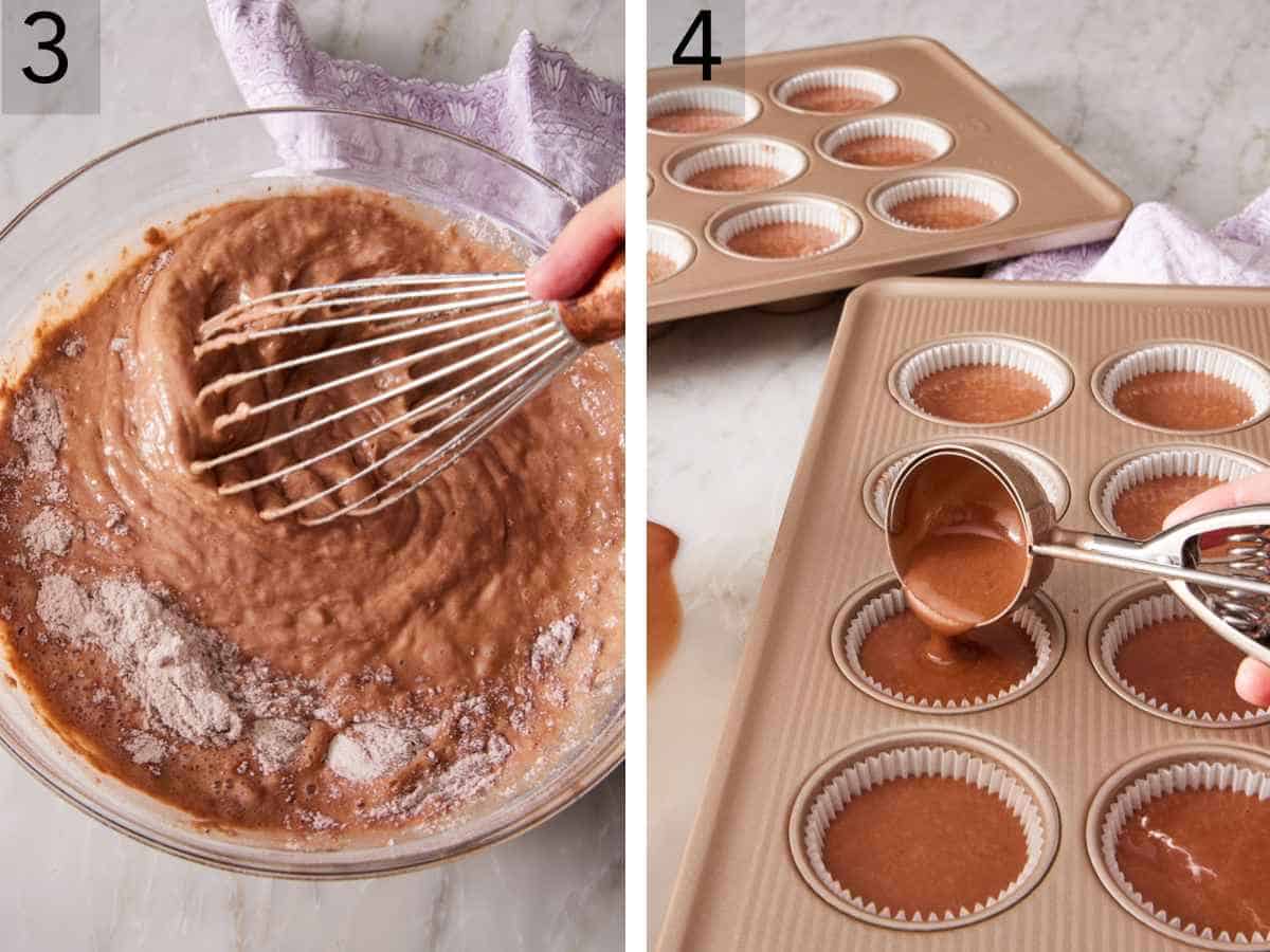 Set of two images showing wet and dry ingredients combined, and batter added to lined muffin tins.