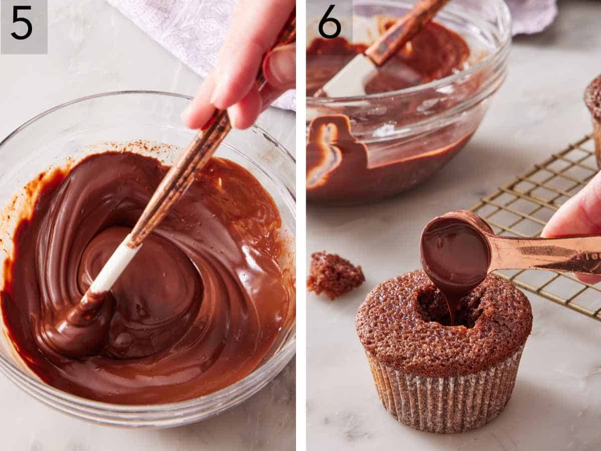 Set of two images showing ganache made, and cupcakes filled with it.