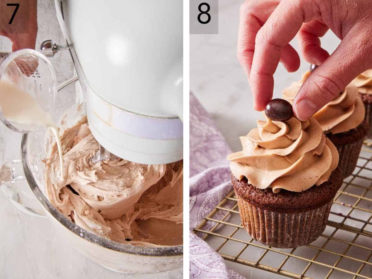Set of two images showing frosting made, and a mocha cupcake with a finishing touch of a chocolate-covered espresso bean placed on top.