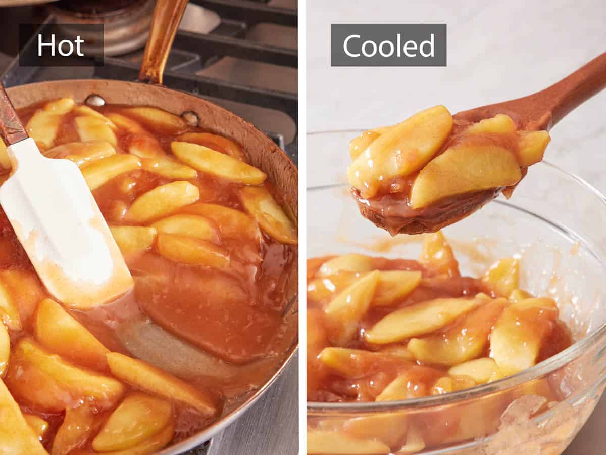 Comparison image showing hot and cooled apple pie filling.