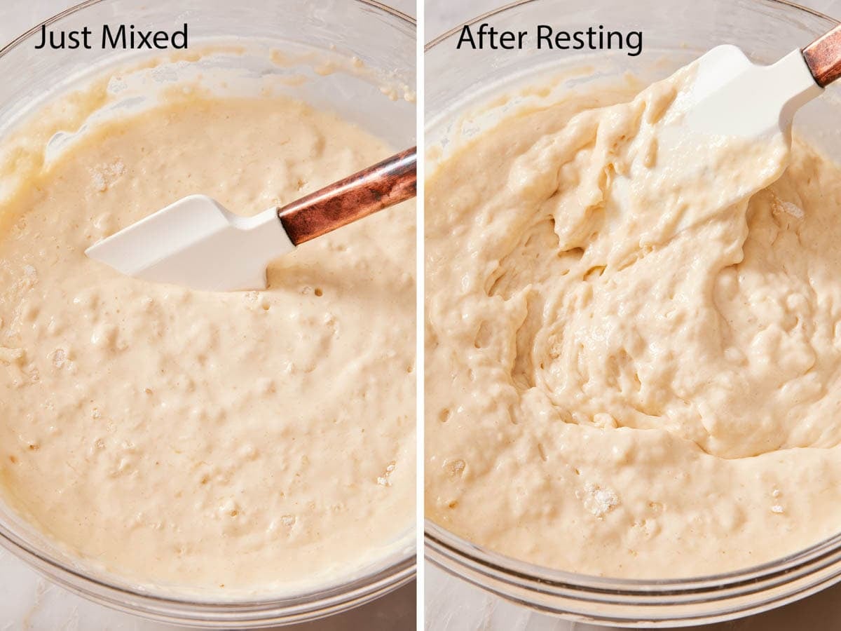 Set of two images showing buttermilk pancakes batter when just mixed and after resting.