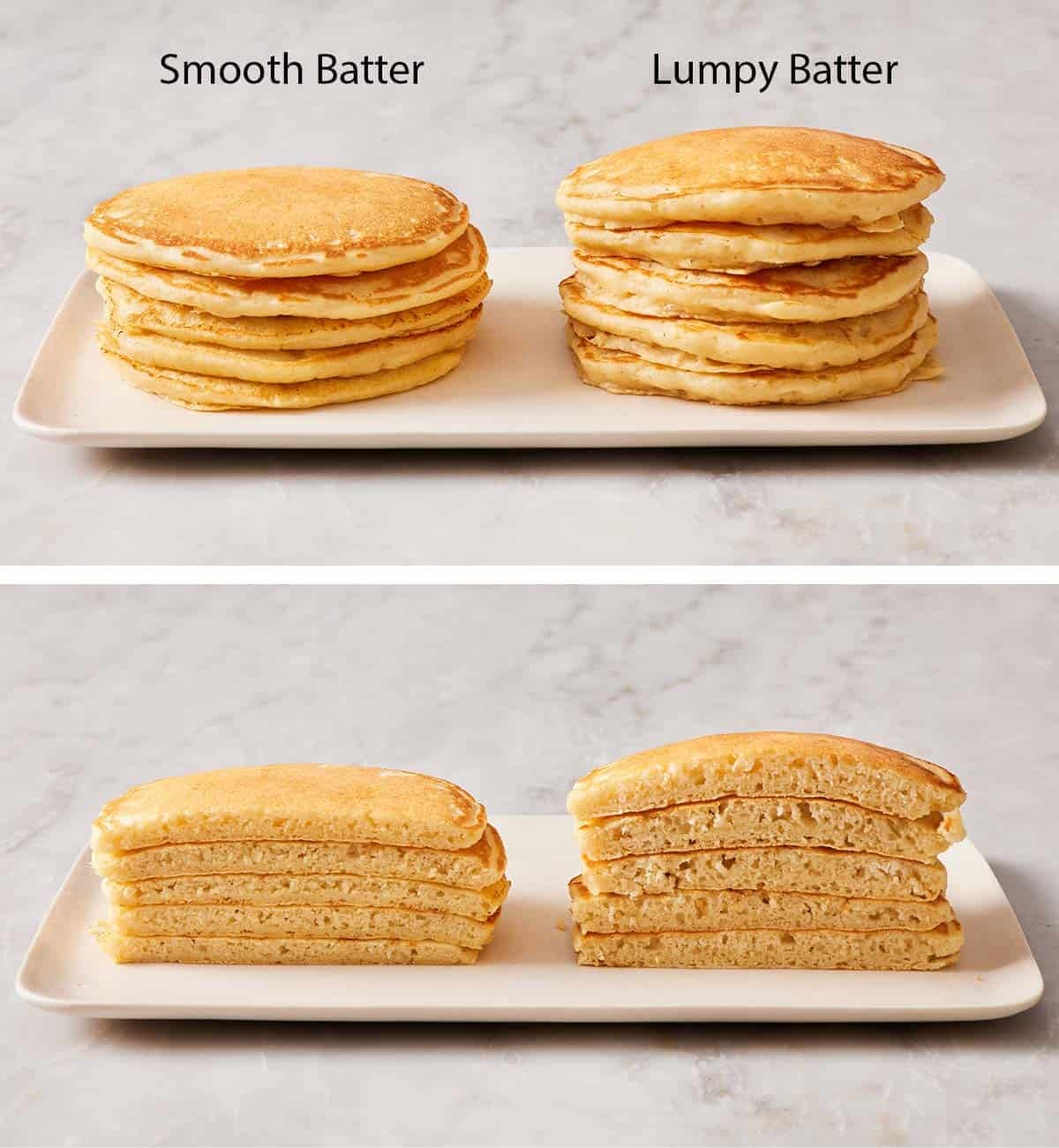 Two stacks of buttermilk pancakes: One from lumpy batter, the other from smooth batter.