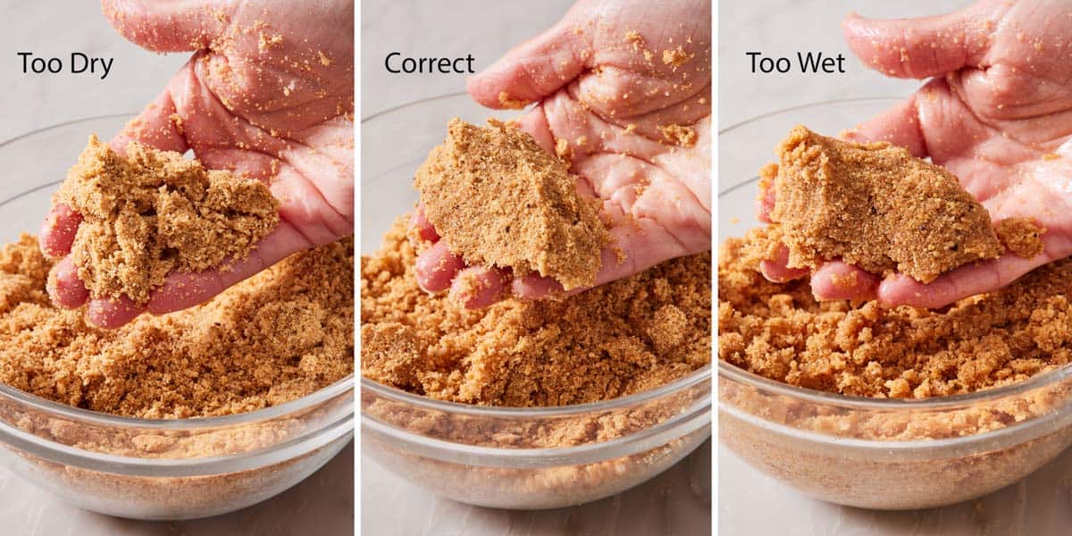 Three side-by-side images showing the different textures of a graham cracker crust mixture.