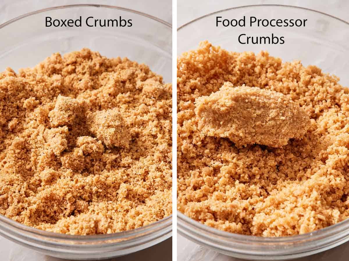 Side-by-side images showing bowed graham cracker crumbs vs. food processor crumbs with butter added.