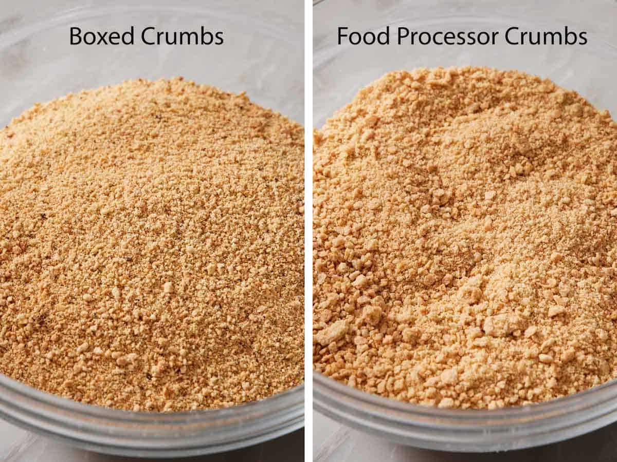 Side-by-side images showing bowed graham cracker crumbs vs. food processor crumbs.