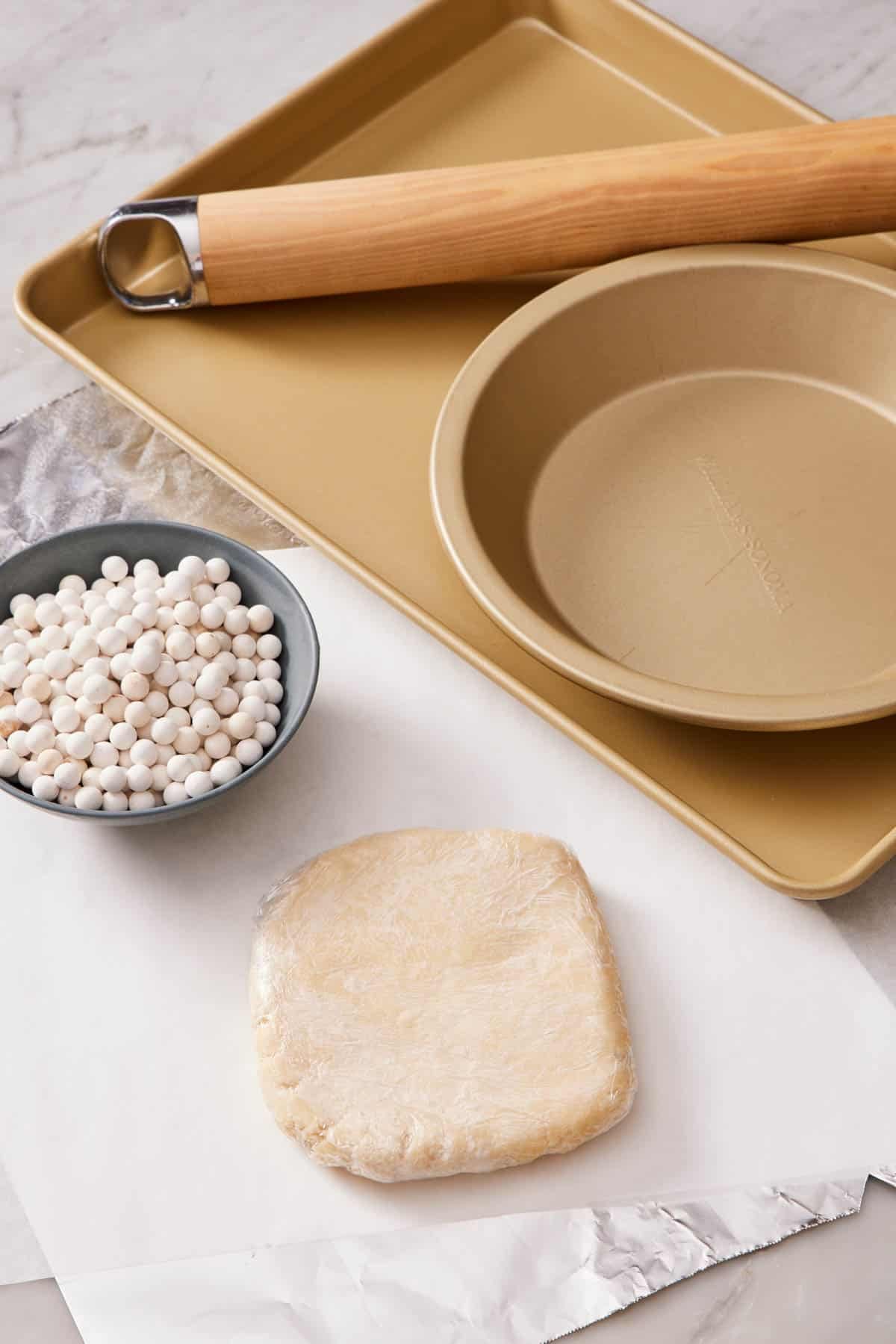 Equipment needed for this "how to blind bake a pie crust" tutorial.