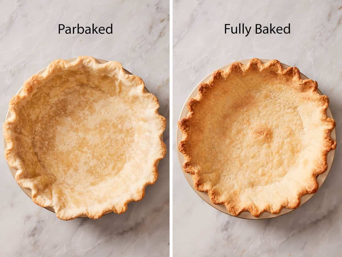 Comparison image showing a par-baked versus a fully-baked pie crust.