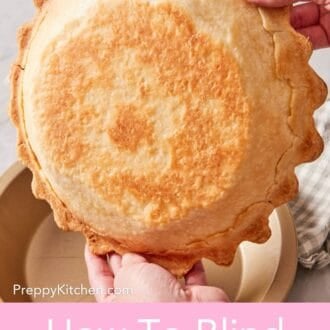Pinterest graphic showing a baked pie crust held up to show the bottom of the shell.