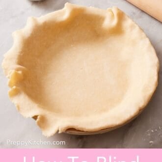 Pinterest graphic showing a pie crust laid into a pie dish with the edges partially tucked.