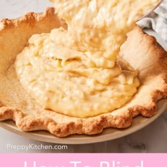 Pinterest graphic showing filling poured into a baked pie shell.