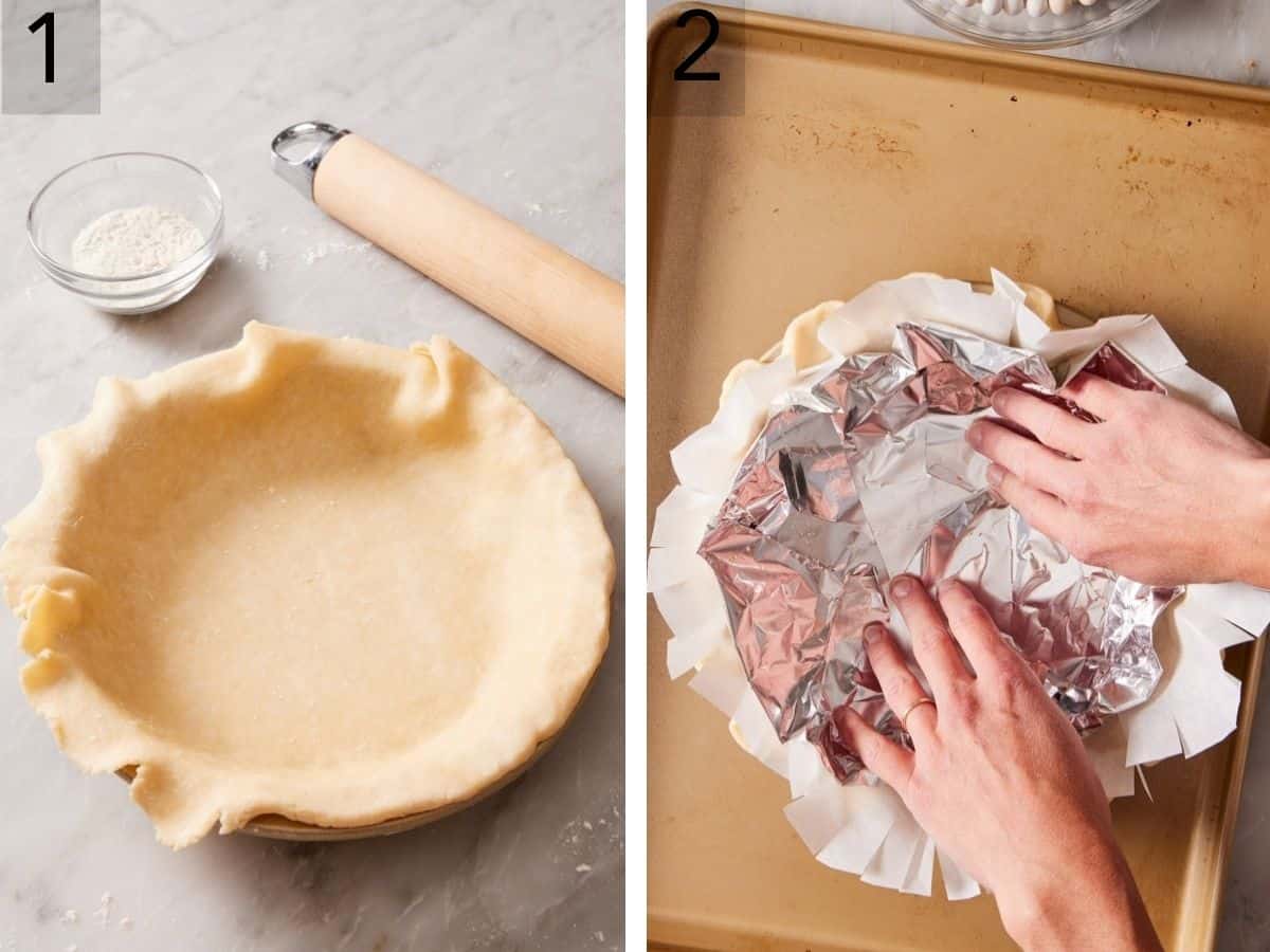 Set of two images showing partially tucked pie crust in a pie dish, and foil and parchment paper pressed into it.