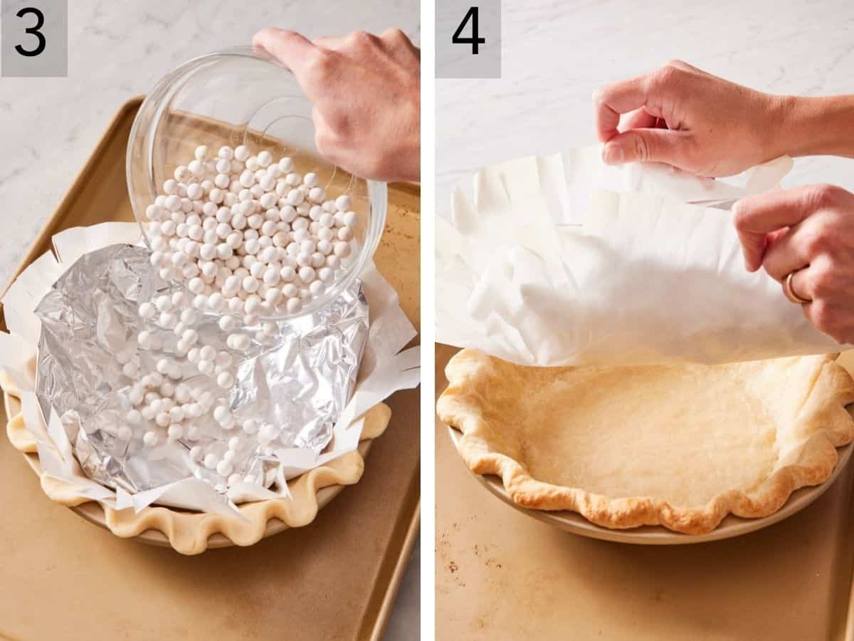 Set of two images showing pie weights added, and the parchment lifted out of the blind-baked crust.