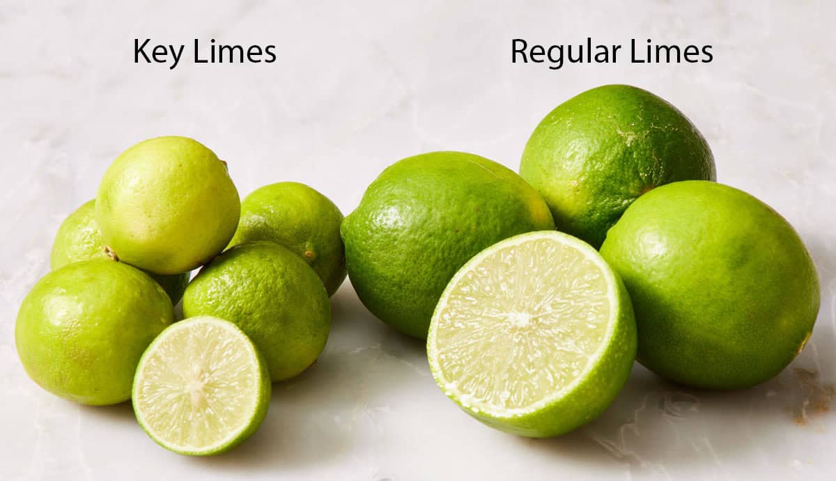 Stacks of key limes and regular limes showing the differences between them.