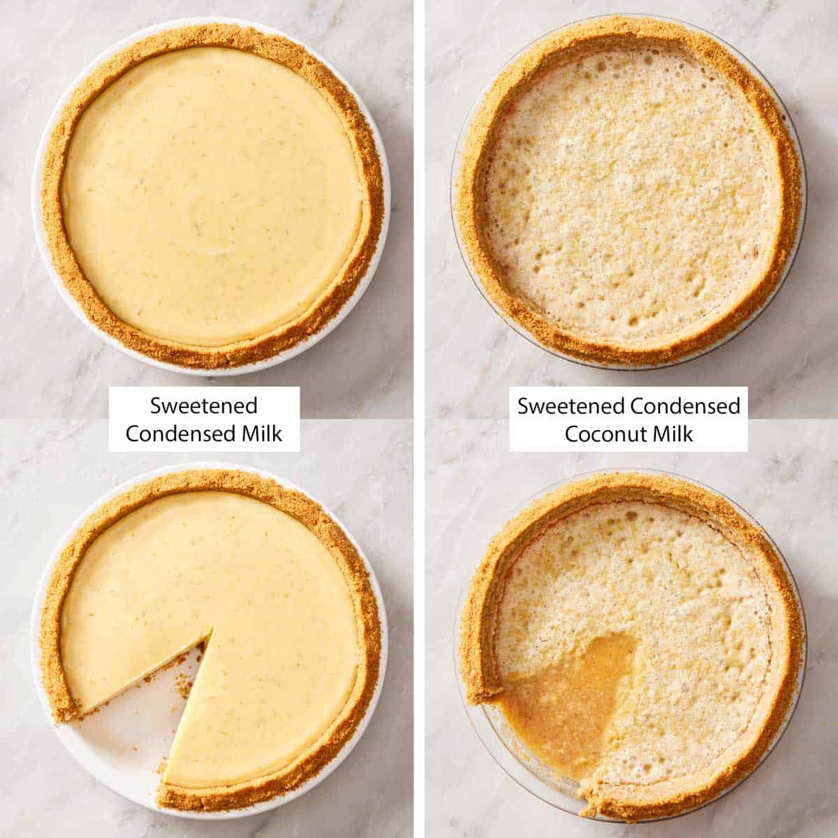 Grid of 4 images showing key lime made with regular condensed milk versus condensed coconut milk.