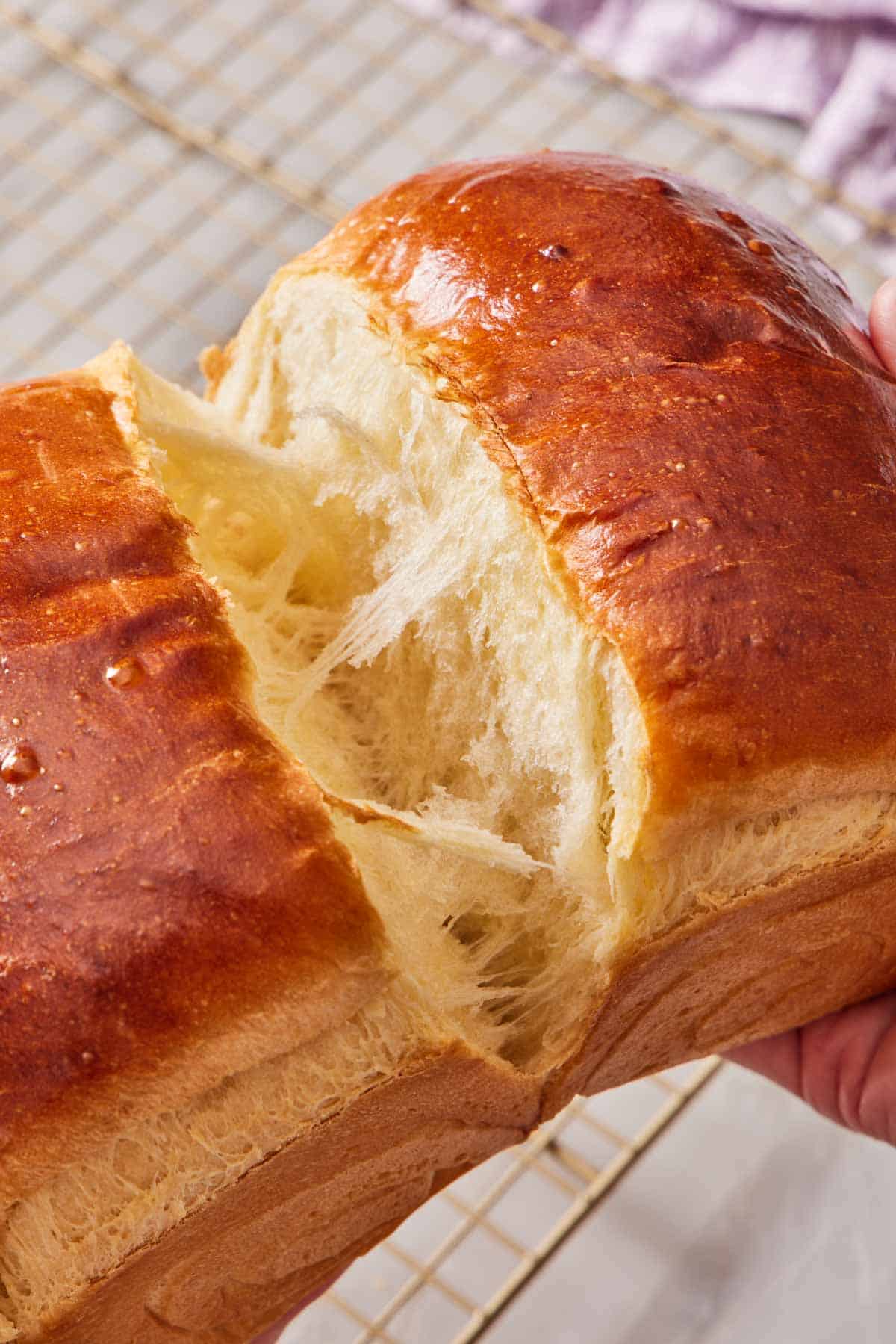 Close-up of milk bread being torn in half.