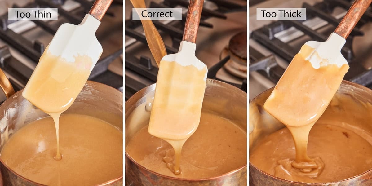 Three images showing homemade caramel consistency comparison.