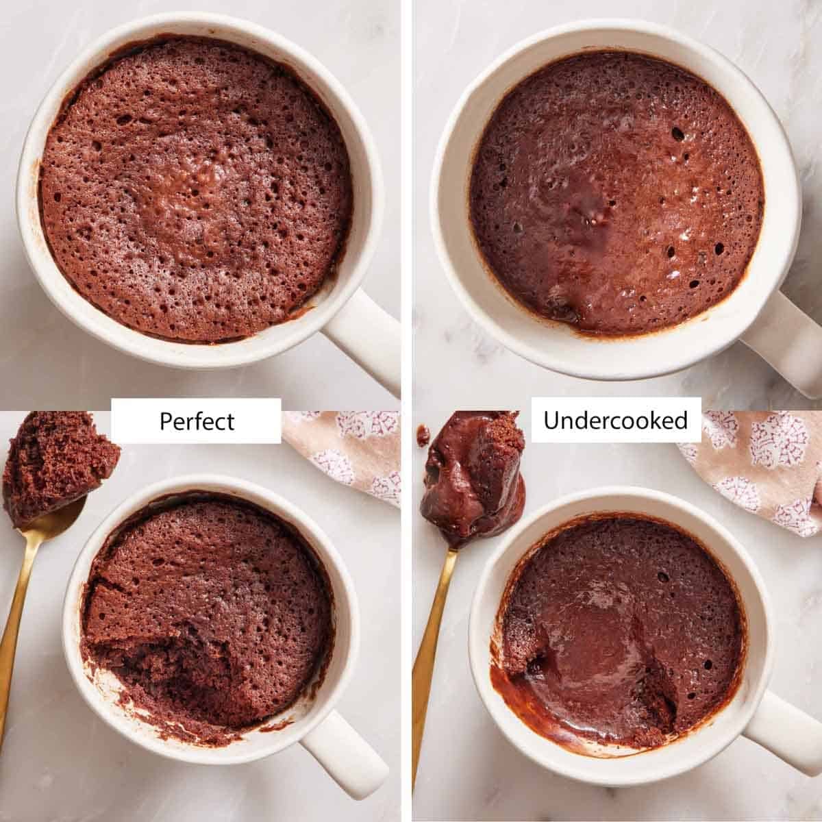 Images showing a perfectly cooked versus undercooked chocolate mug cake.