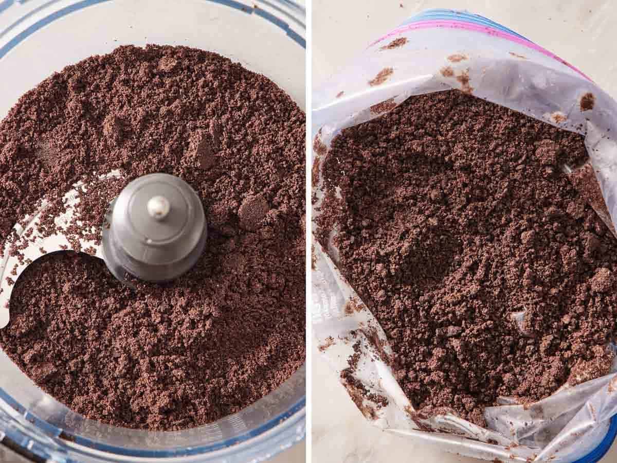 Side by side images showing Oreos crushed in a food processor versus by hand.