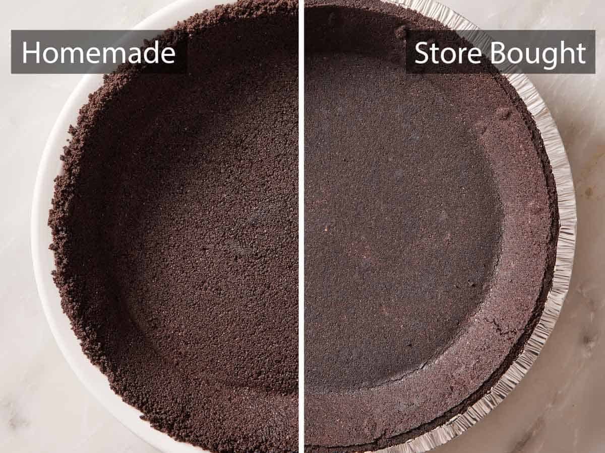 Comparison image showing a homemade versus store-bought Oreo pie crust.