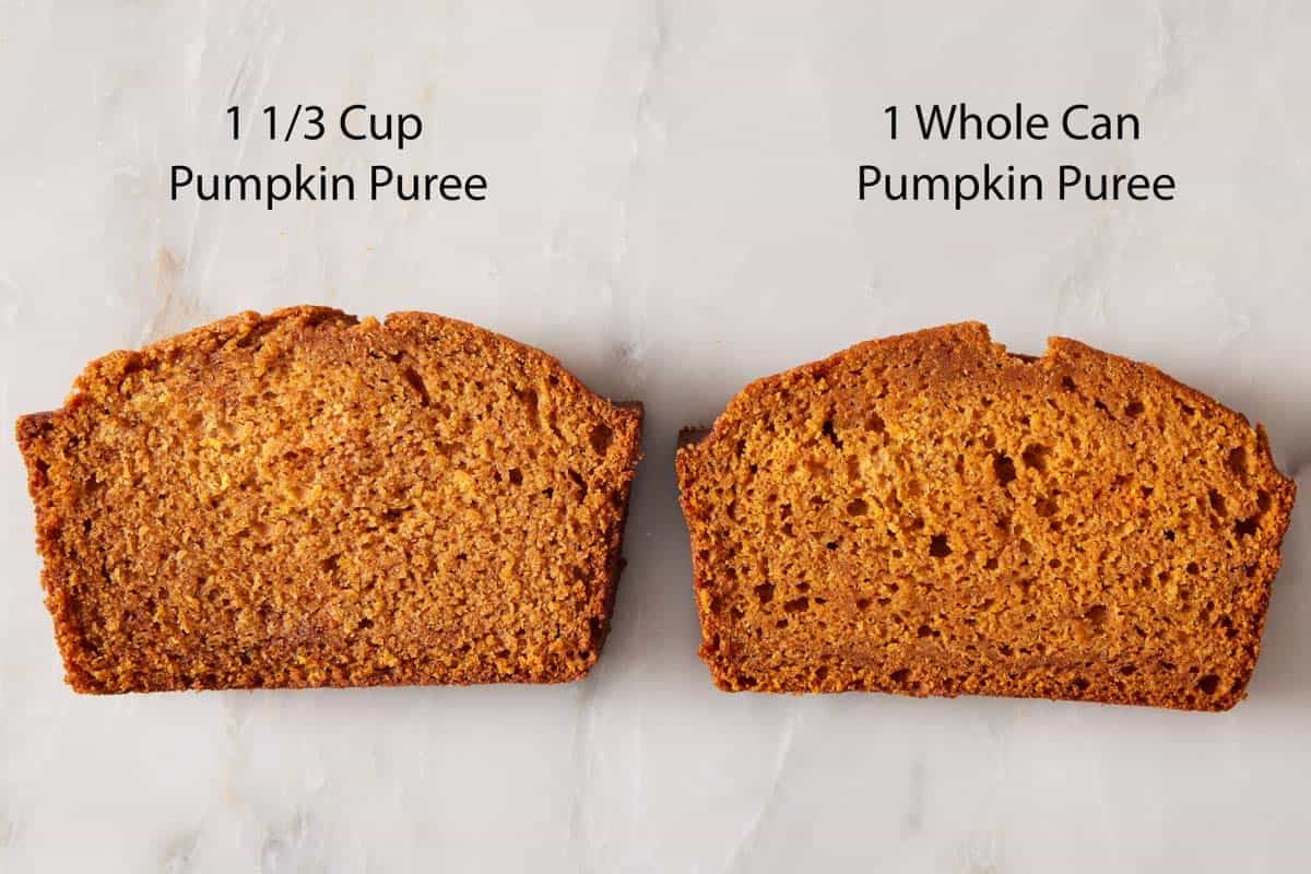 Comparison of two slices of pumpkin bread made with different amounts of pumpkin puree.