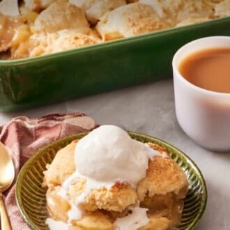 Pinterest graphic showing apple cobbler in a bowl with ice cream and coffee.