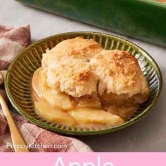 Pinterest graphic showing apple cobbler in a green bowl.