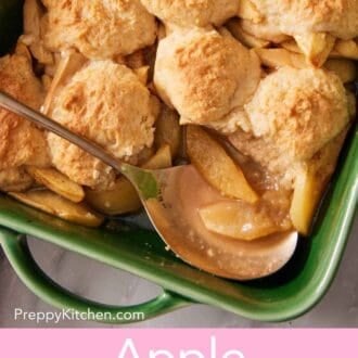 Pinterest graphic showing apple cobbler in a baking dish with some scooped out.