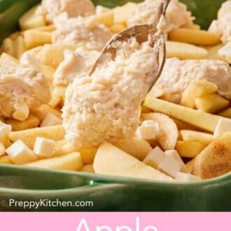 Pinterest graphic showing cobbler batter spooned onto apples.