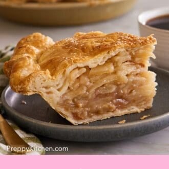 Pinterest graphic showing a side view of a slice of apple pie recipe.