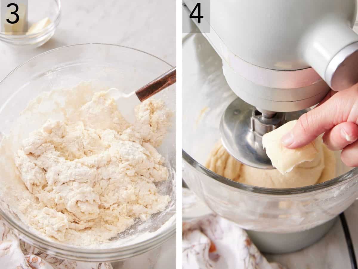 Set of two images showing ingredients mixed together then kneaded in a mixer.