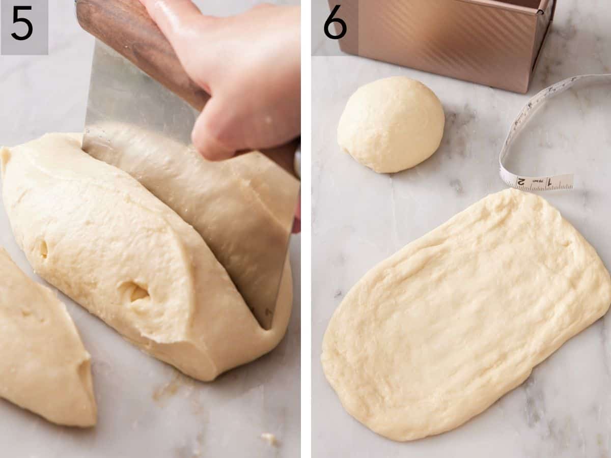 Set of two images showing risen dough cut into three pieces, and each piece shaped into a rectangle.