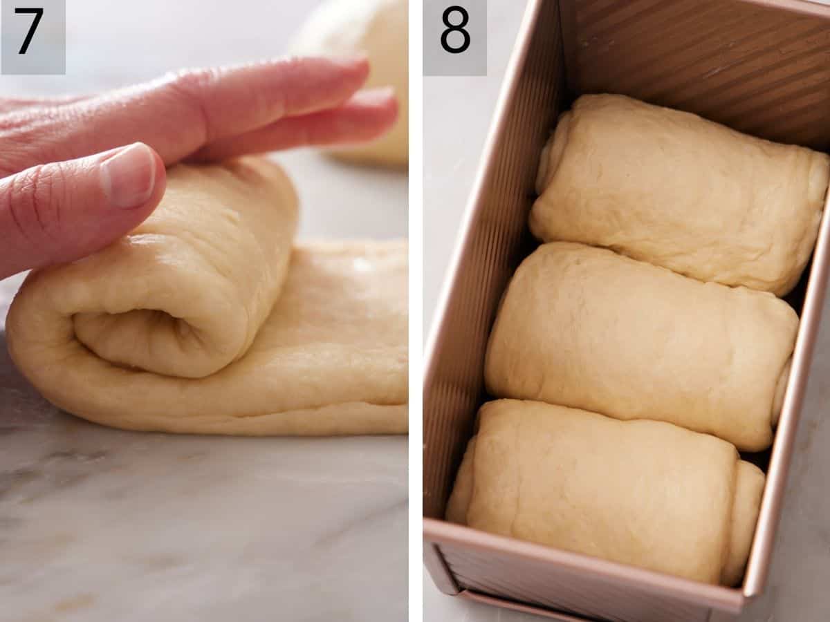 Set of two images showing each rectangle rolled into a log, and each log placed into a loaf pan.