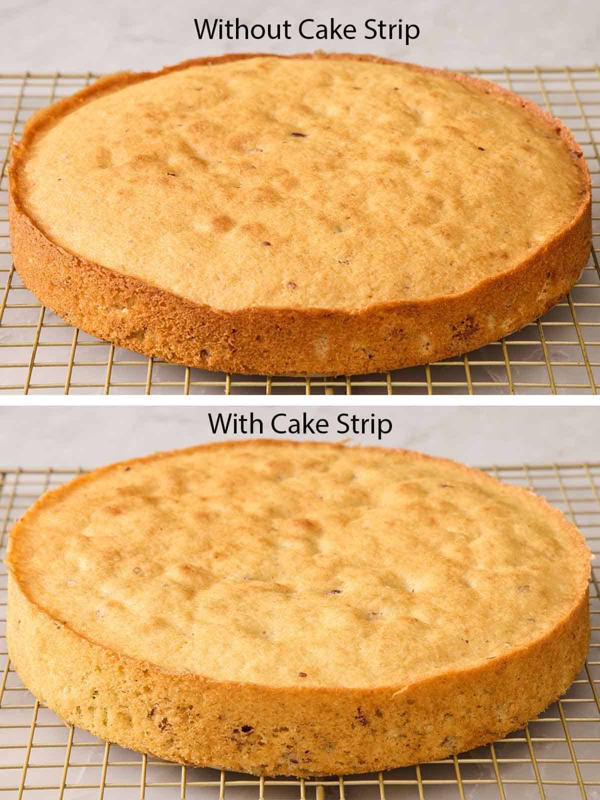 Comparison image showing cake layers baked with and without cake strips.