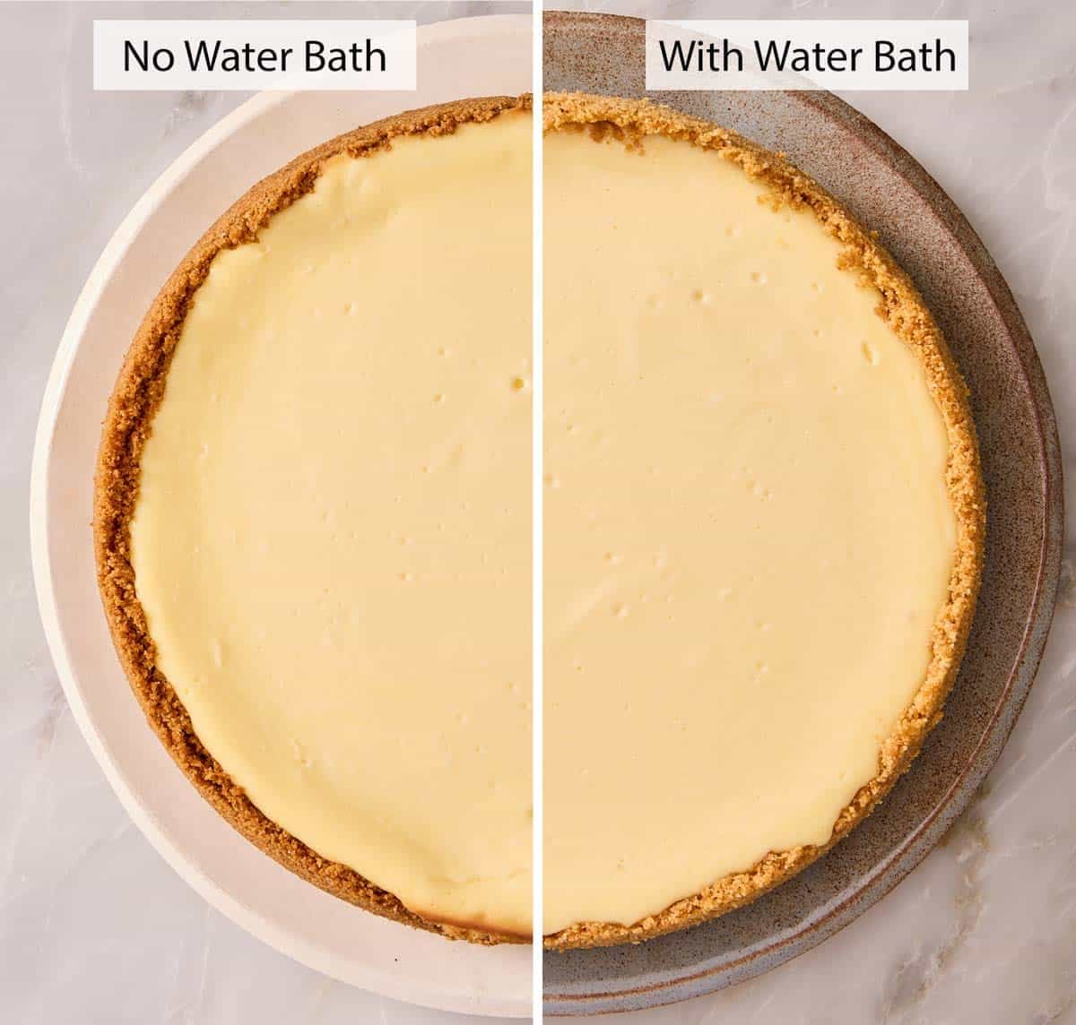 Comparison image showing cheesecake recipe made with and without a water bath.