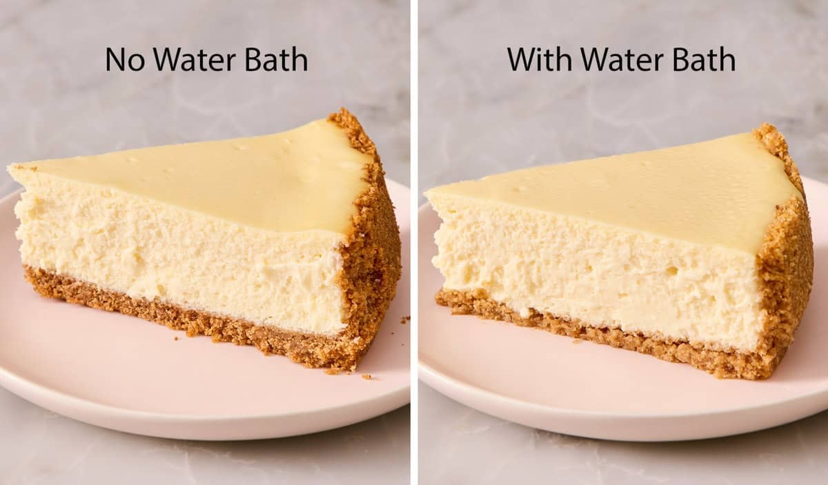 Comparison image showing slices of cheesecake of the cheesecake recipe baked with and without a water bath.
