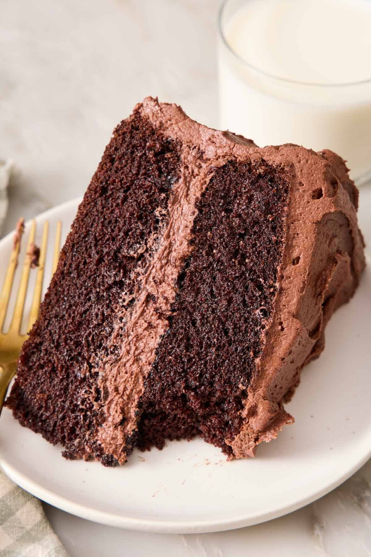 A slice of chocolate cake on its side on a small plate with a glass of milk alongside.