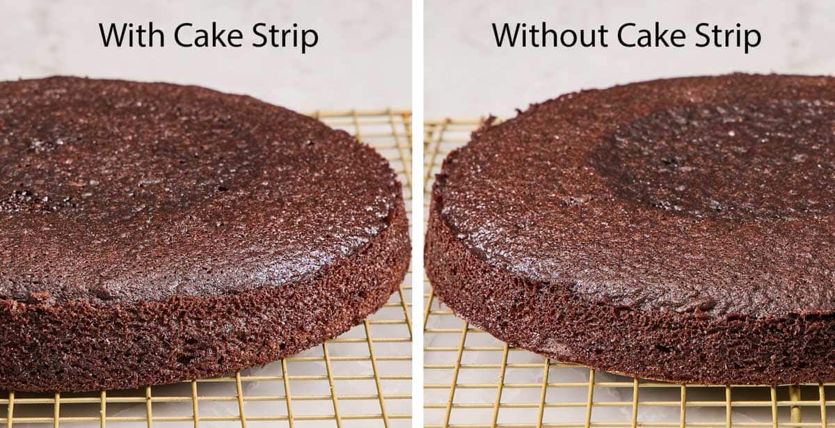 Comparison image showing a cake layer baked with and without a cake strip.
