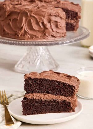 A slice of chocolate cake on a small plate with the rest of the cake on a stand in the background.