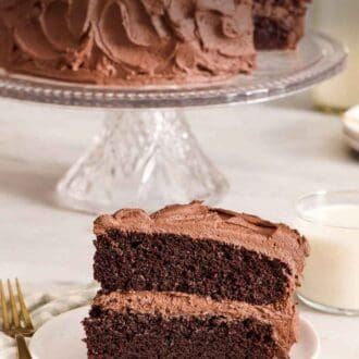 Pinterest graphic showing a slice of chocolate cake on a plate with the rest of the cake on a stand in the background.