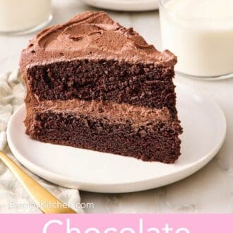 Pinterest graphic showing a slice of chocolate cake on a white plate alongside a glass of milk.