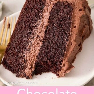 Pinterest graphic showing a slice of chocolate cake on its side with a forkful taken out.