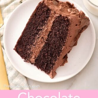 Pinterest graphic showing an overhead view of a slice of chocolate cake on its side on a small plate.