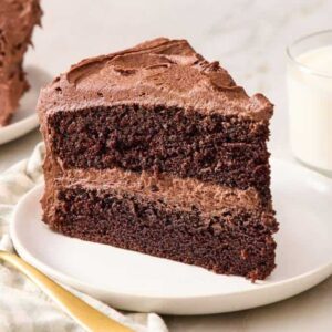 A slice of chocolate cake on a plate with a gold fork on one side, and a glass of milk on the other.