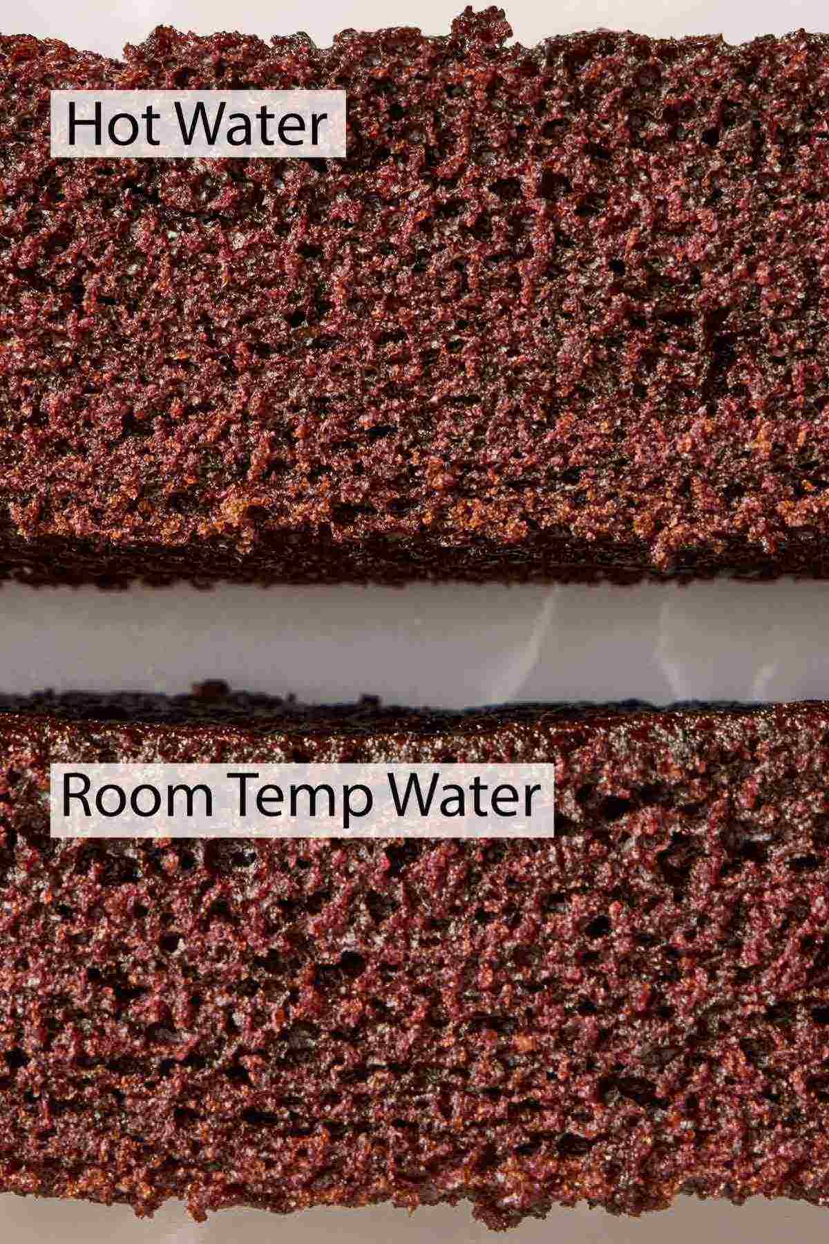 Comparison image showing chocolate cake made with hot water versus room temperature water.