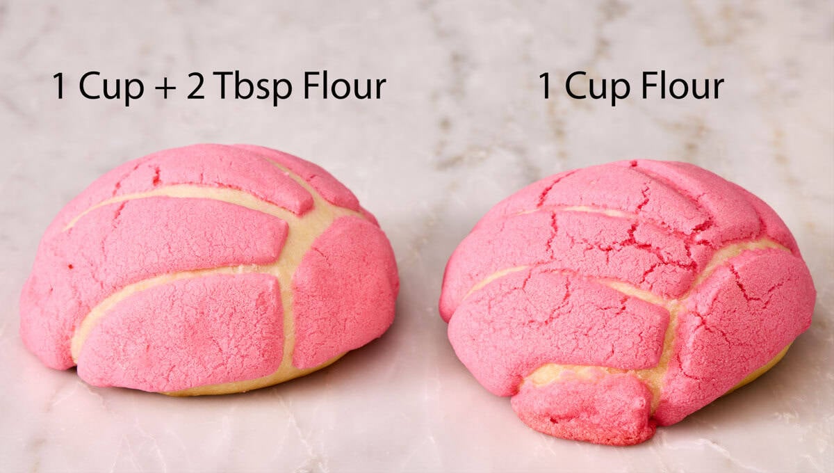 Comparison image showing conchas made with different amounts of flour.
