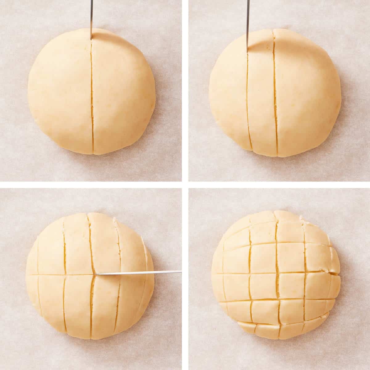 Set of four images showing how to cut the grid pattern on a concha.